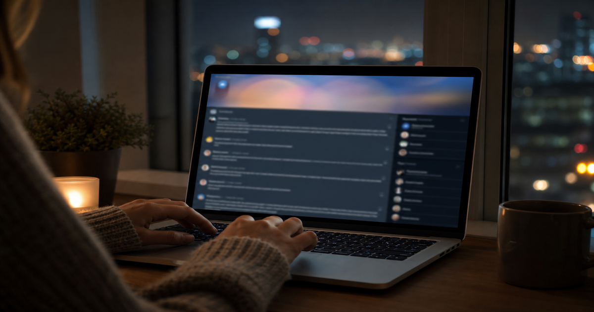 Iemand leest 's avonds op een laptop een online forum — de r/detrans-community op Reddit